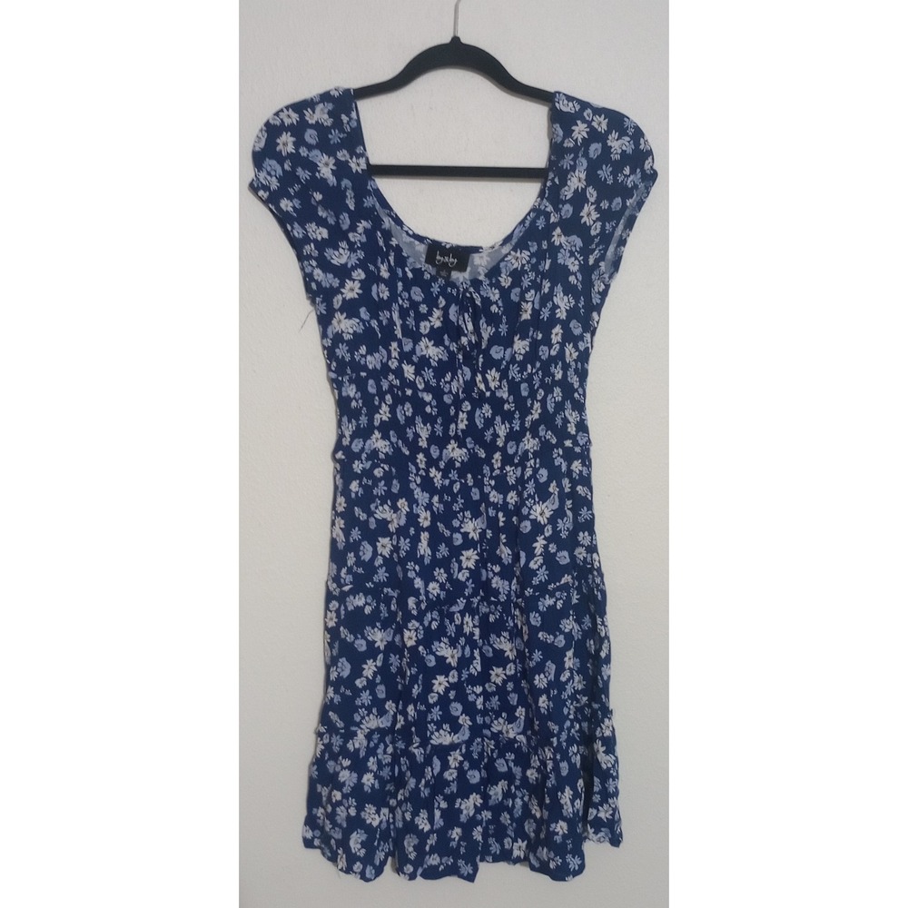 By & By Blue Floral Smocked Mini Dress Womens Small Short Sleeve Tiered Ruffle